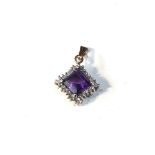 Small 9ct gold amethyst diamond halo pendant measures approx 1.7cm drop