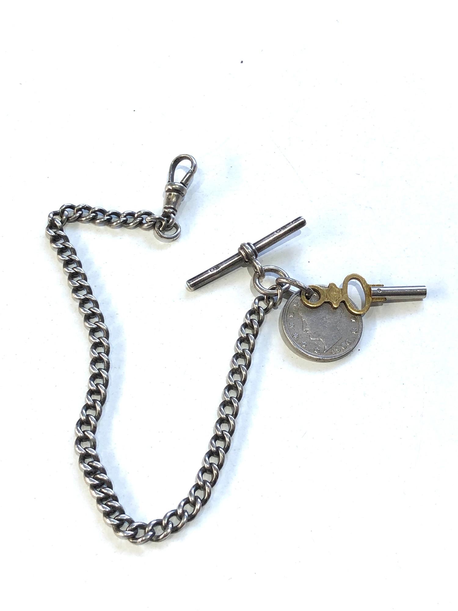 Antique silver Albert watch chain and coin fob & key weight 25g t-bar not silver