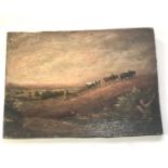 Early Antique 18th / 19th century naive oil painting on panel measures approx 10ins by 7.5ins plit