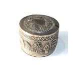 Antique indian silver trinket box scenic embossed design measures approx 7cm dia height 5cm xrt