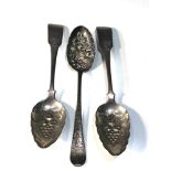 Pair of antique Irish silver berry spoons and and early London silver berry spoon pair measures