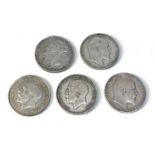 5 silver half crowns 1885 1923 1911 1909 and 1904