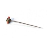 Antique gold and coral stick pin measures approx 6.5cm long weight 1.4g