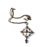 9ct gold edwardian amethyst pendant and chain pendant measures approx 5.3cm drop by 3.1cm wide
