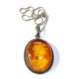 Large Vintage silver carved baltic amber pendant necklace