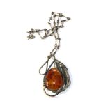 Sterling silver amber pendant / brooch necklace