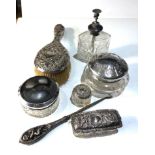 Silver dressing table items includes brush silver top jars etc