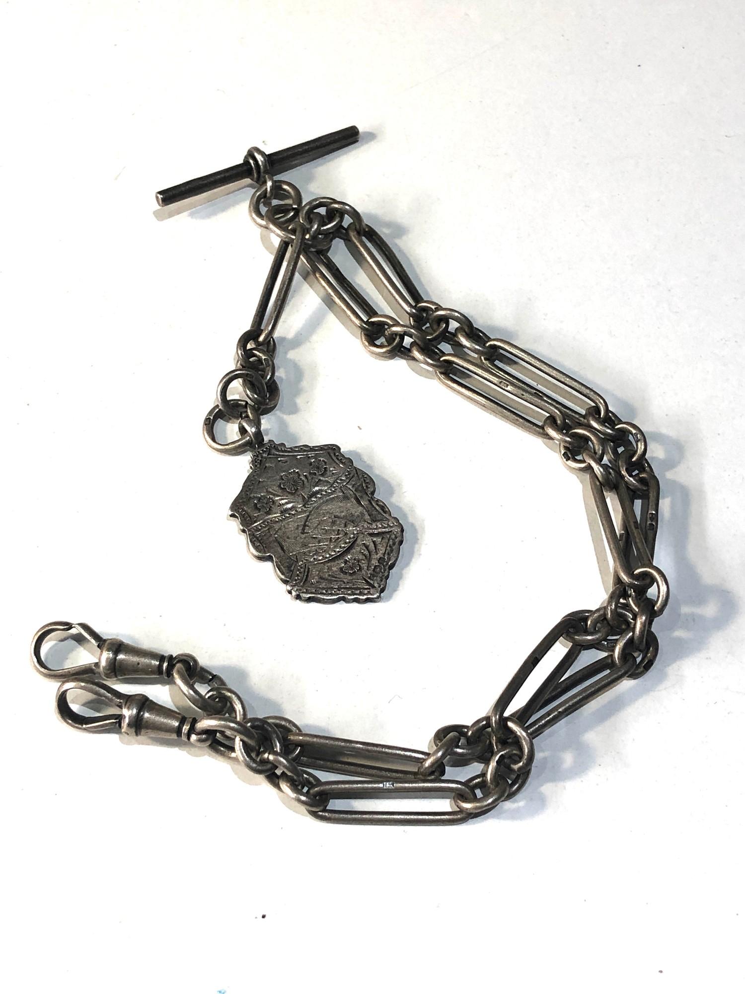 Antique fancy link silver double Albert watch chain and fob weight 45g