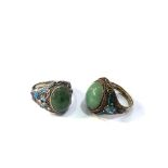 2 Chinese export silver & enamel jade rings