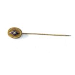Gold victorian seed-pearl enamel stick pin measures approx 8cm long head measures approx 17mm by