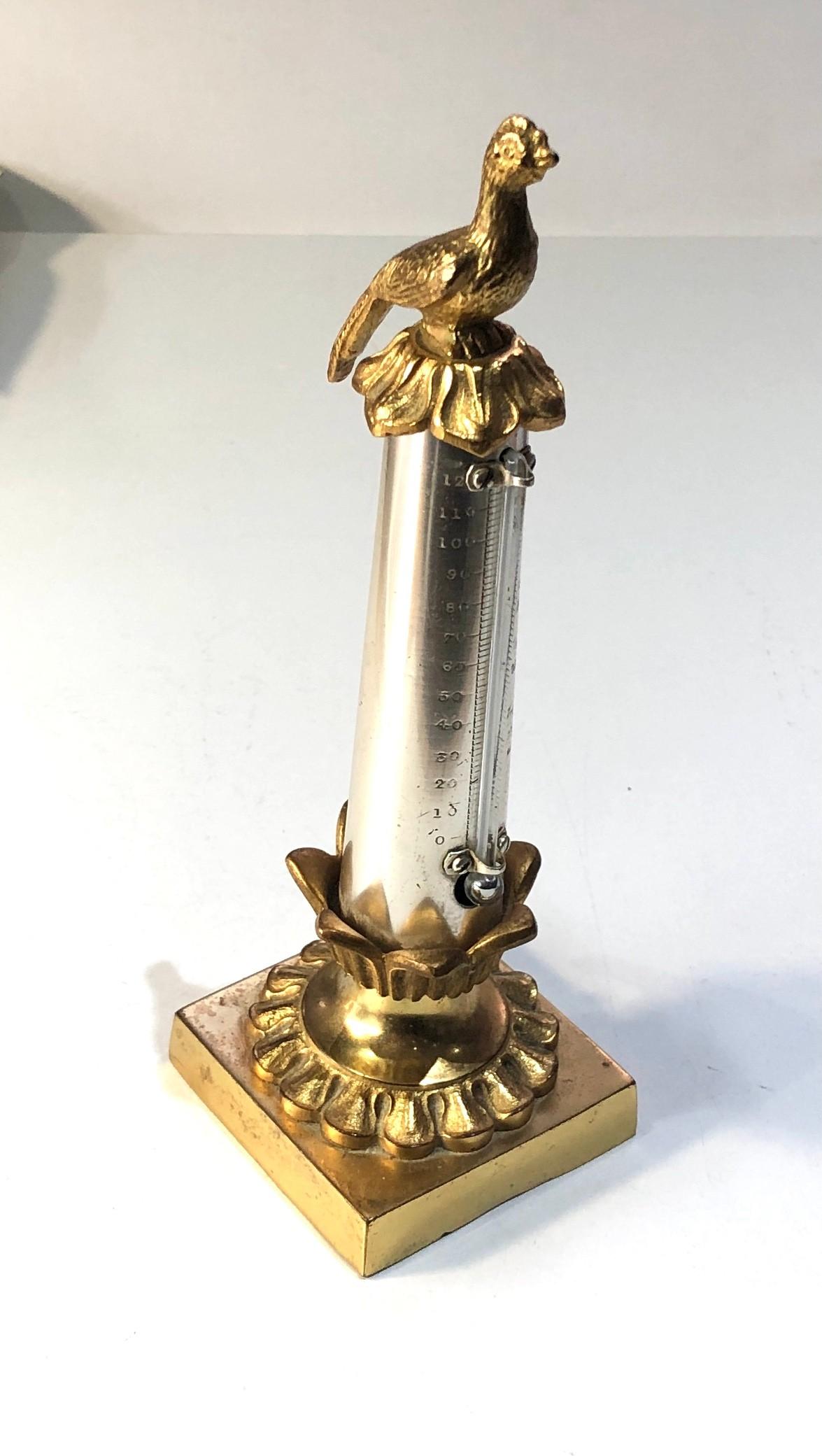Antique gilded brass ormolu table thermometer with pheasant top measures approx 19cm tall