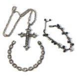 Selection of silver jewellery bracelets marcasite bracelet silver gem set cross and silver chain