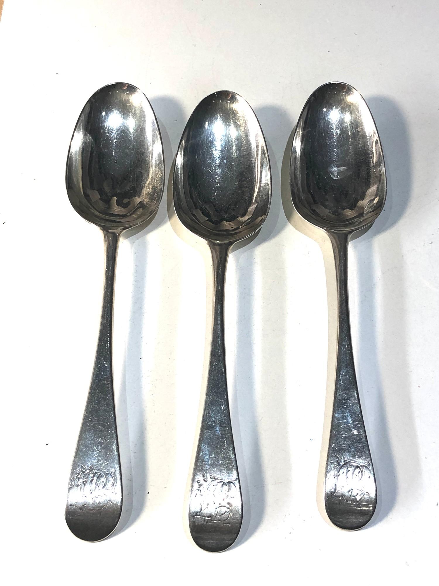 3 18th century silver table spoons each measures approx 21cm engraved initials total weight 180g