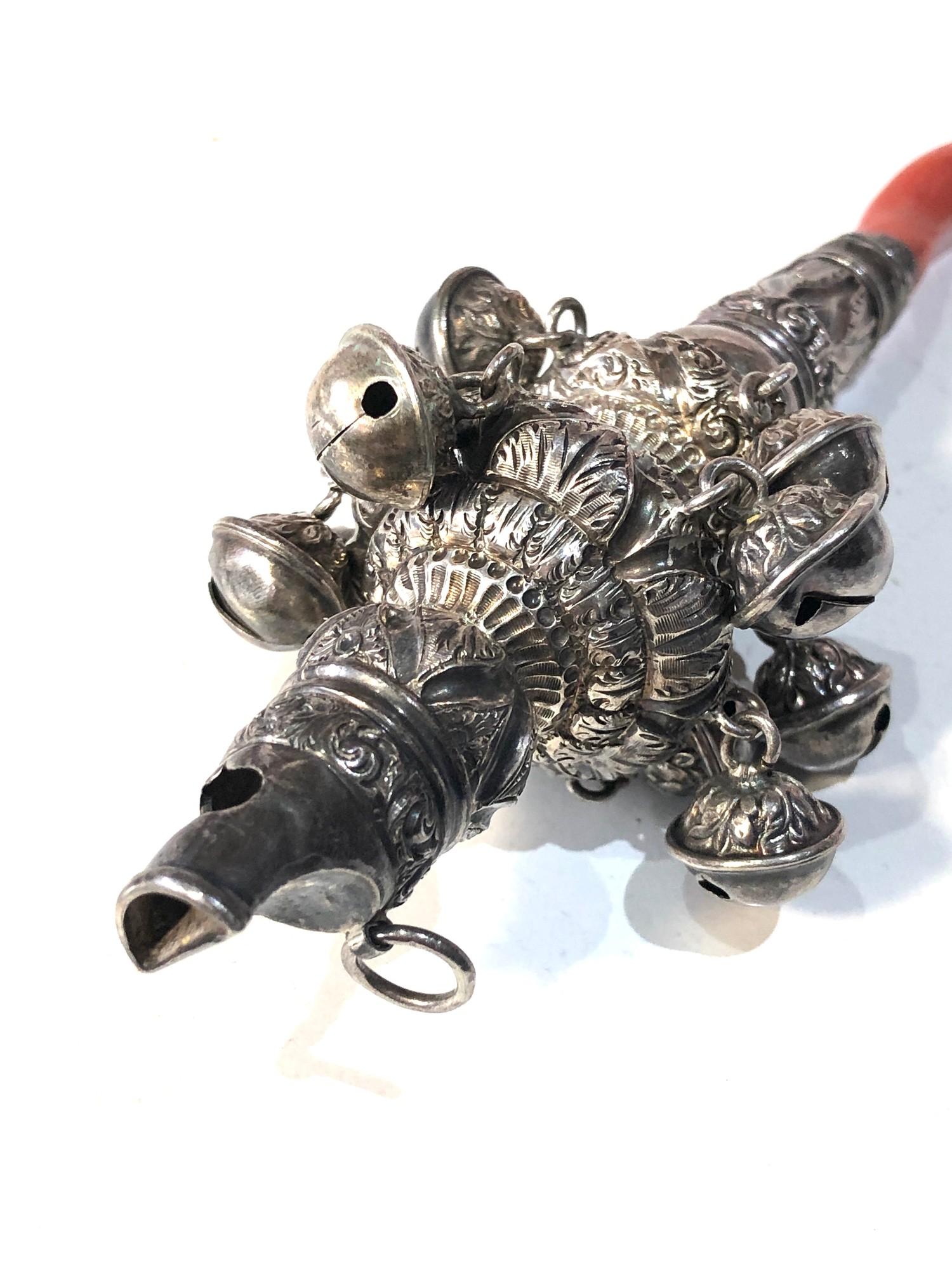 Fine Georgian silver and coral babies rattle and whistle complete with all bells measures approx - Image 4 of 6
