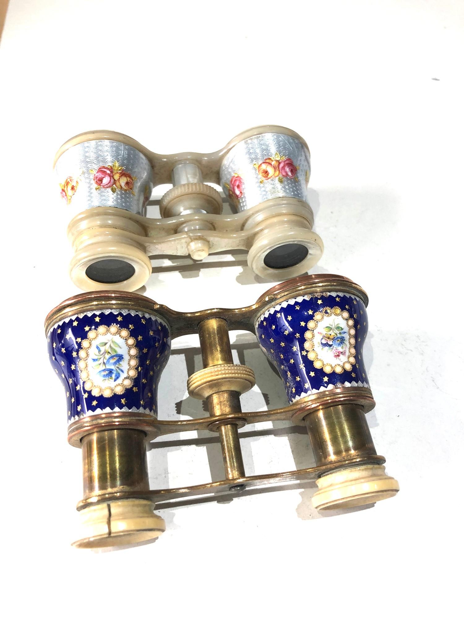 2 antique enamel opera glasses age related wear and damage as shown please see images for details as - Image 2 of 10