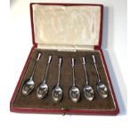 Fine set of 6 boxed silver and enamel coffee spoons in good antique condition