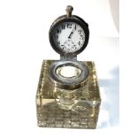 Large antique silver mounted inkwell with pocket watch insert measures approx 10cm by 10cm height