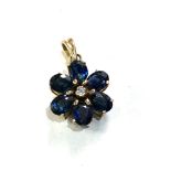 9ct gold diamond and sapphire pendant measures approx 2cm drop by 1.2cm wide weight 1.7g