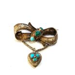 15ct gold Victorian mourning turquoise bow & heart brooch weight 2.9g xrt tested as 15ct gold