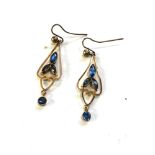 9ct gold sapphire type drop earrings measure approx 37mm drop weight 1.7g