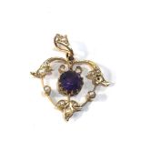 9ct gold edwardian amethyst & seed pearl pendant - 1 missing pearl measures approx 3cm drop by 2.5cm