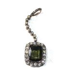 Art deco silver front gold back green stone and paste halo drop pendant measures approx 5.2cm drop