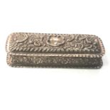 Antique silver embossed trinket box hinged lid measures approx 16cm by 5.5cm height 4cm weight 138g
