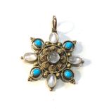 9ct gold antique moonstone turquoise pendant measures approx 34mm drop by 27mm wide weight 3.1g