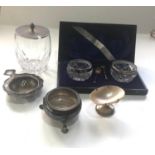 Selection of silver items includes boxed salts tea strainer etc