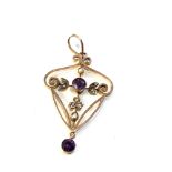 9ct gold Art Nouveau amethyst & seed pearl drop pendant measures approx 4.5m drop by 2.5cm wide