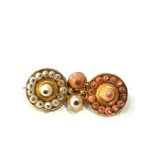 Fine antique 18ct gold pearl and coral brooch measures approx .5cm by 1.8cm weight 8.9g not