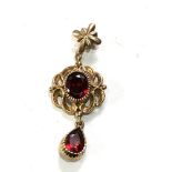 9ct gold garnet drop pendant measures approx 43mm drop by 17mm wide weight 3.6g