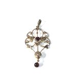 9ct gold garnet & pearl large art nouveau pendant weight 2 g measures approx 5.4cm drop by 2.7cm