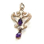 9ct gold Art Nouveau style diamond, amethyst & seed pearl drop pendant measures approx 4cm drop