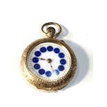 Antique 14ct gold enamel dial fob watch measures approx 30mm dia top wind it is ticking but no