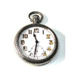 Military type Zenith silver pocket watch open face top wind and screw front case measures approx