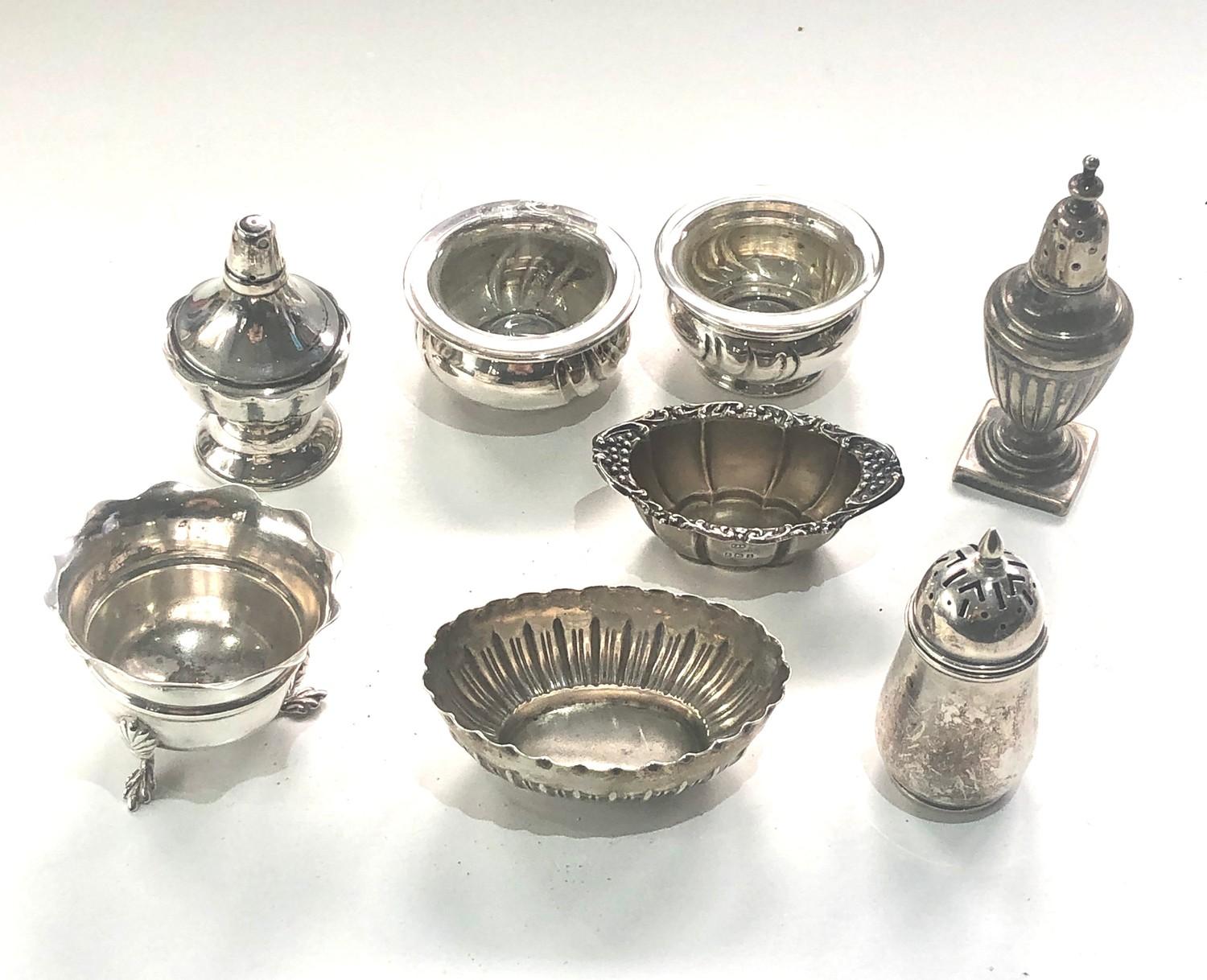 Selection of silver salt pepper pots some continental silver age related wear please see images - Image 2 of 2