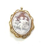 18ct gold mounted carved shell cameo cherubs brooch / pendant weight 25.8
