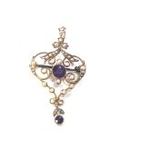 9ct gold amethyst & seed pearl pendant brooch measures approx 4.8m drop by 2.5cm wide weight 3.6g