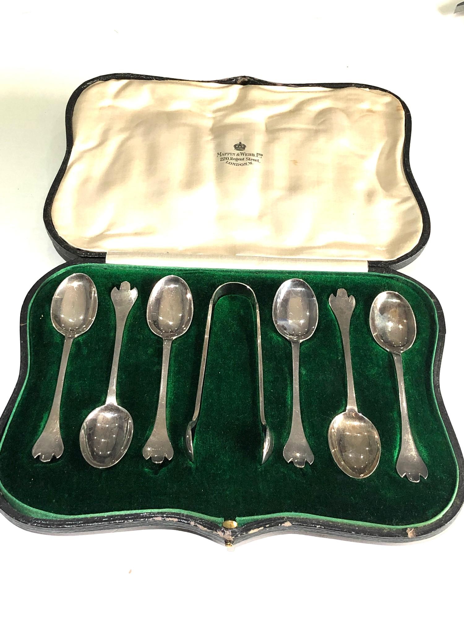 Boxed set of mappin & webb silver tea spoons and sugar tongues