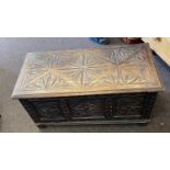Antique oak 3 panel carved coffer, approximate measurements: W36 inches, D18 inches, H:18 inches
