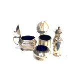 Selection of silver cruet items mustard salts peppers etc please see images for details