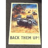 English poster advertising a British tank attack in the western desset, BACK THEM UP printed in