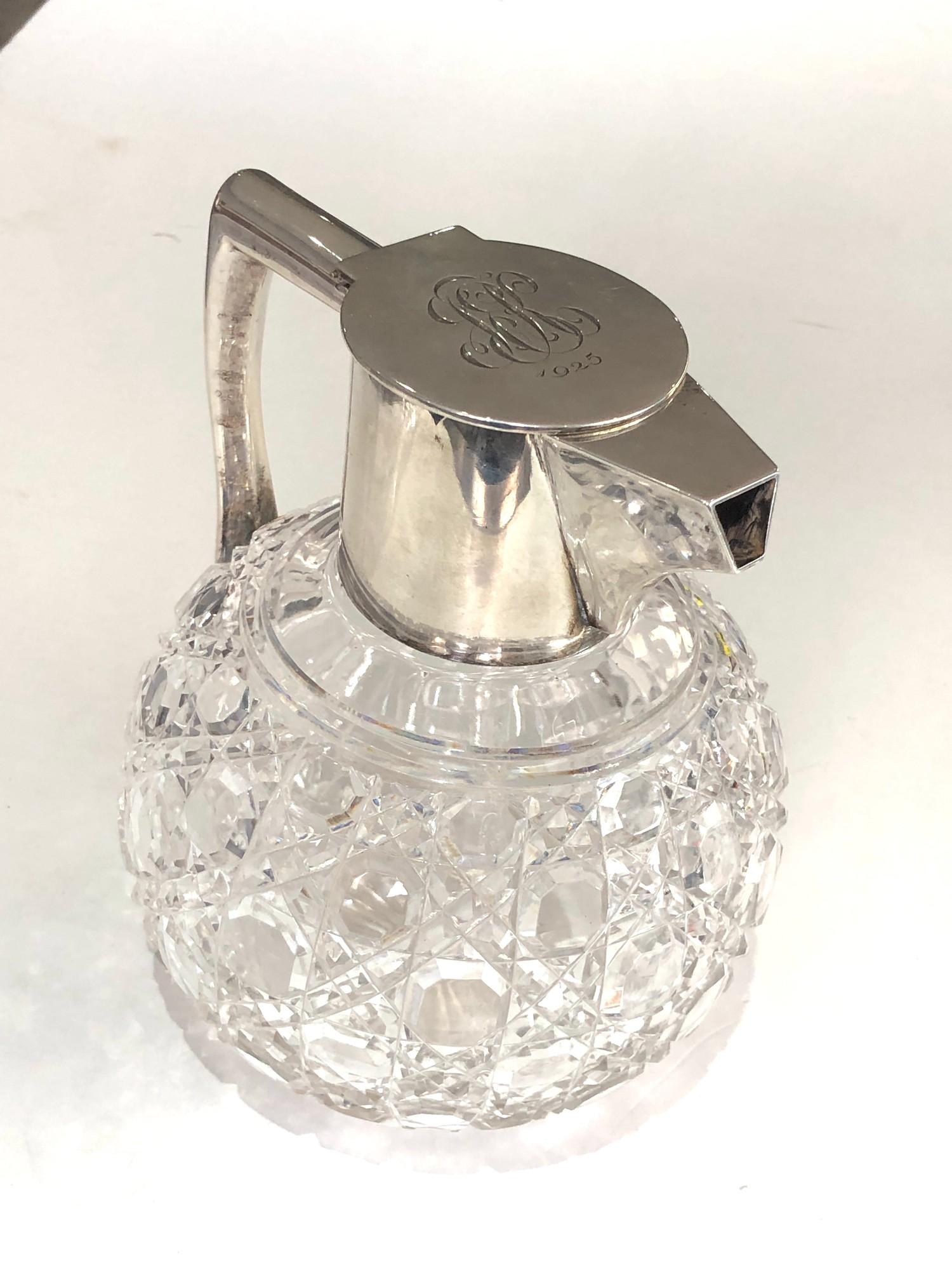 Antique silver and cut glass claret jug London silver hallmarks engraved initials to lid measures - Image 3 of 7