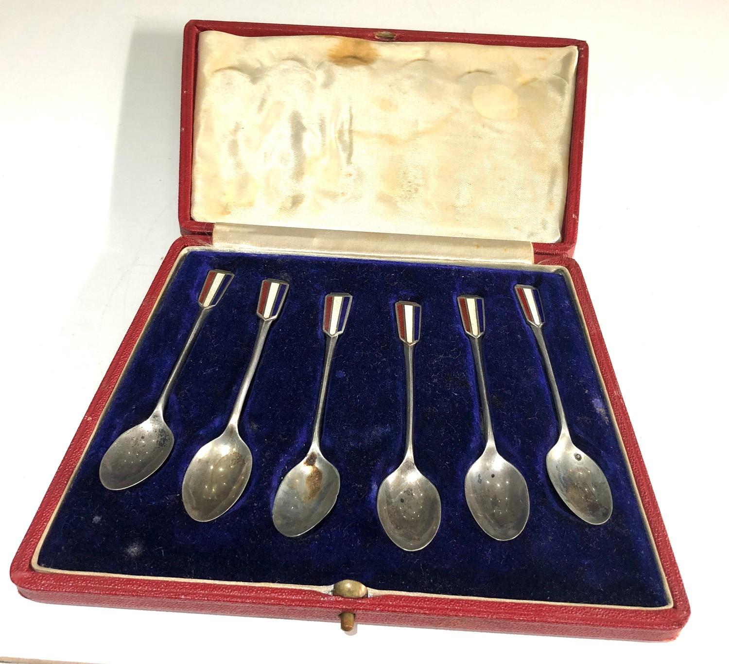 Boxed set of silver and enamel tea spoons Birmingham silver hallmarks