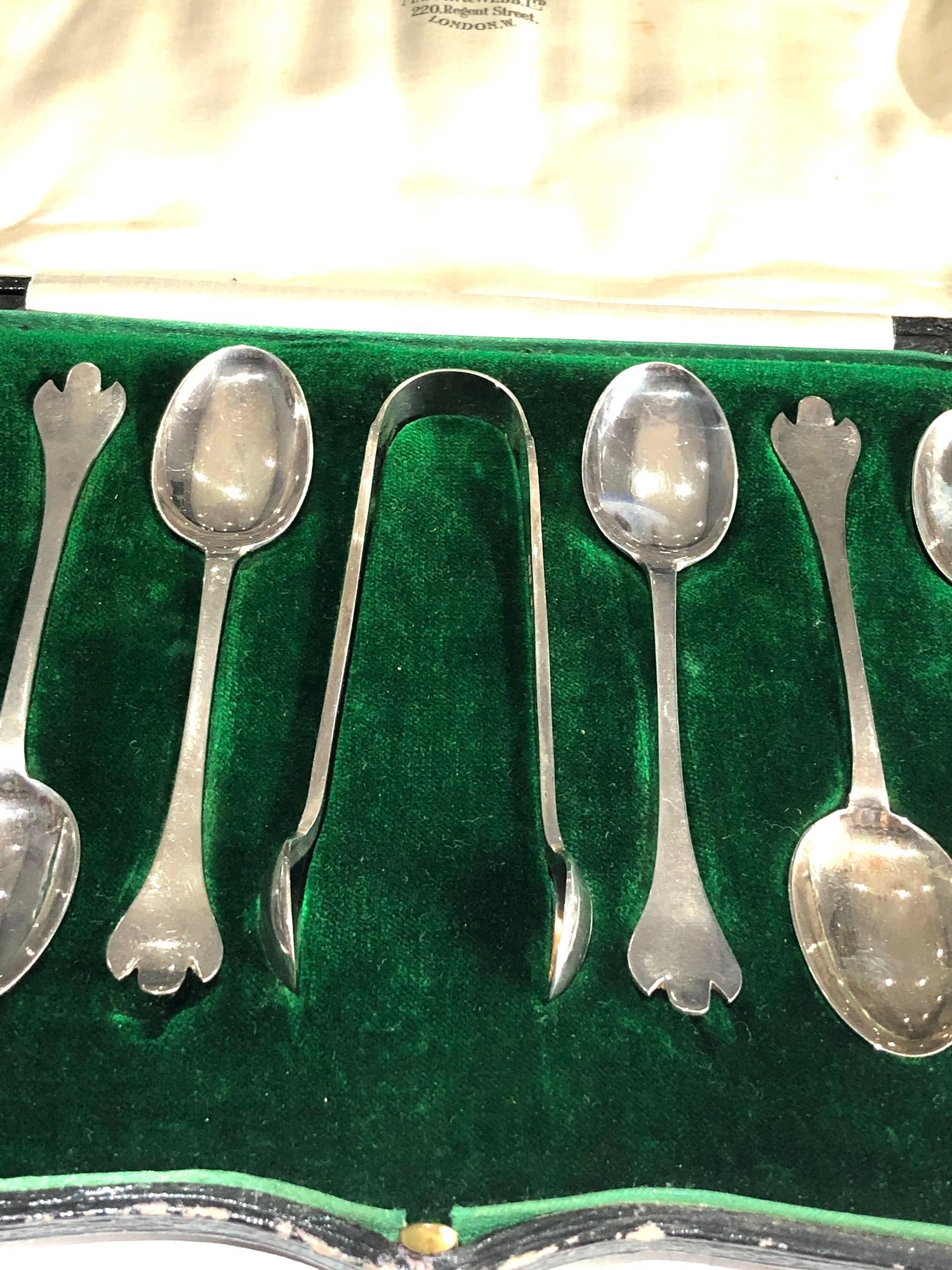 Boxed set of mappin & webb silver tea spoons and sugar tongues - Image 2 of 4