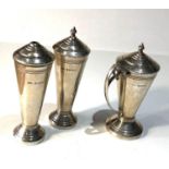 Silver cruet set Birmingham silver hallmarks wood weighted bases measure approx height 10cm total