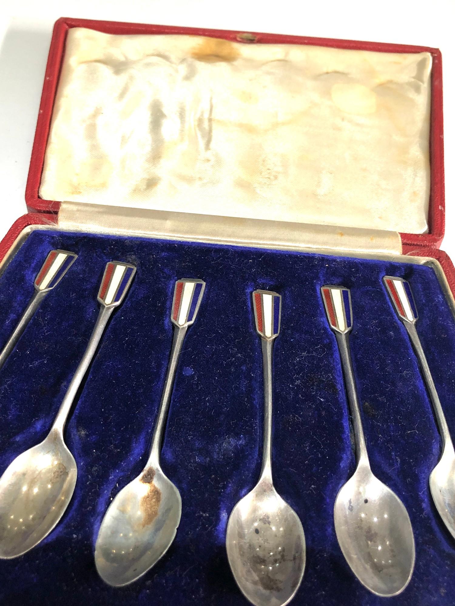 Boxed set of silver and enamel tea spoons Birmingham silver hallmarks - Image 2 of 4