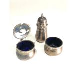 3 piece Silver cruet set blue glass liners