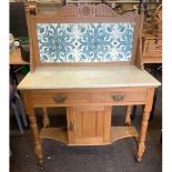 Victorian pine tiled back marble top wash stand with 2 drawers, and pot cupboard on castors,